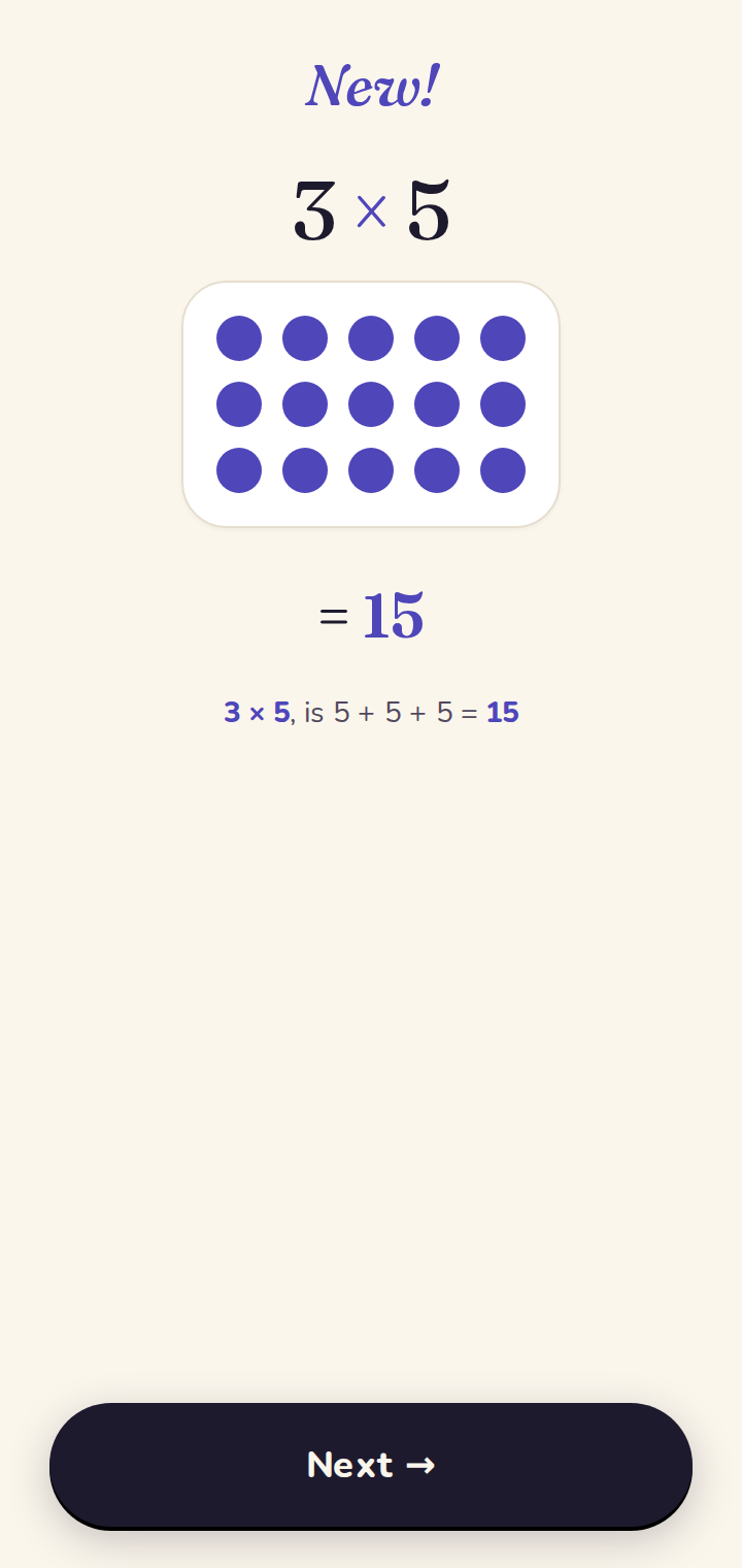 Introducing a new fact — step 1: grid of dots and repeated addition.