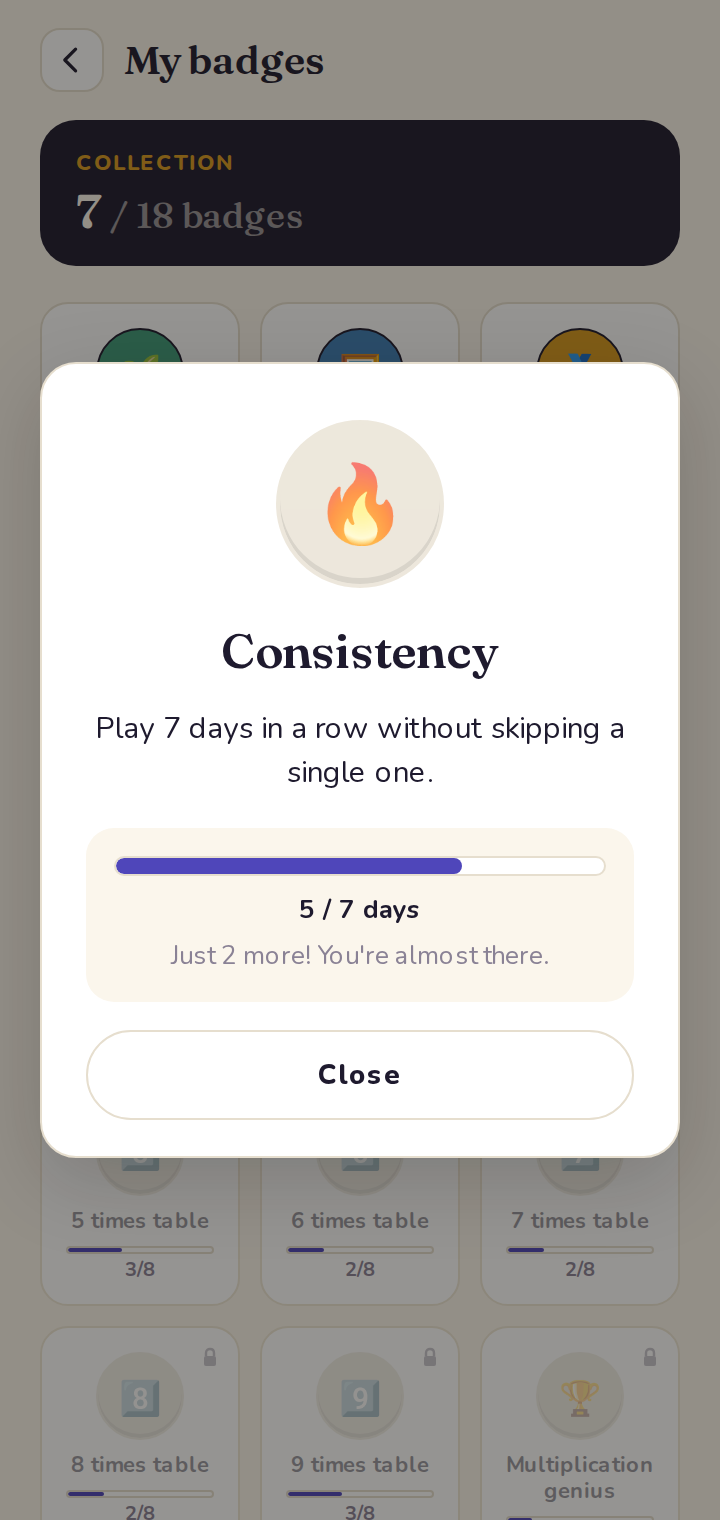 Tapping a locked badge reveals the condition and the progress.
