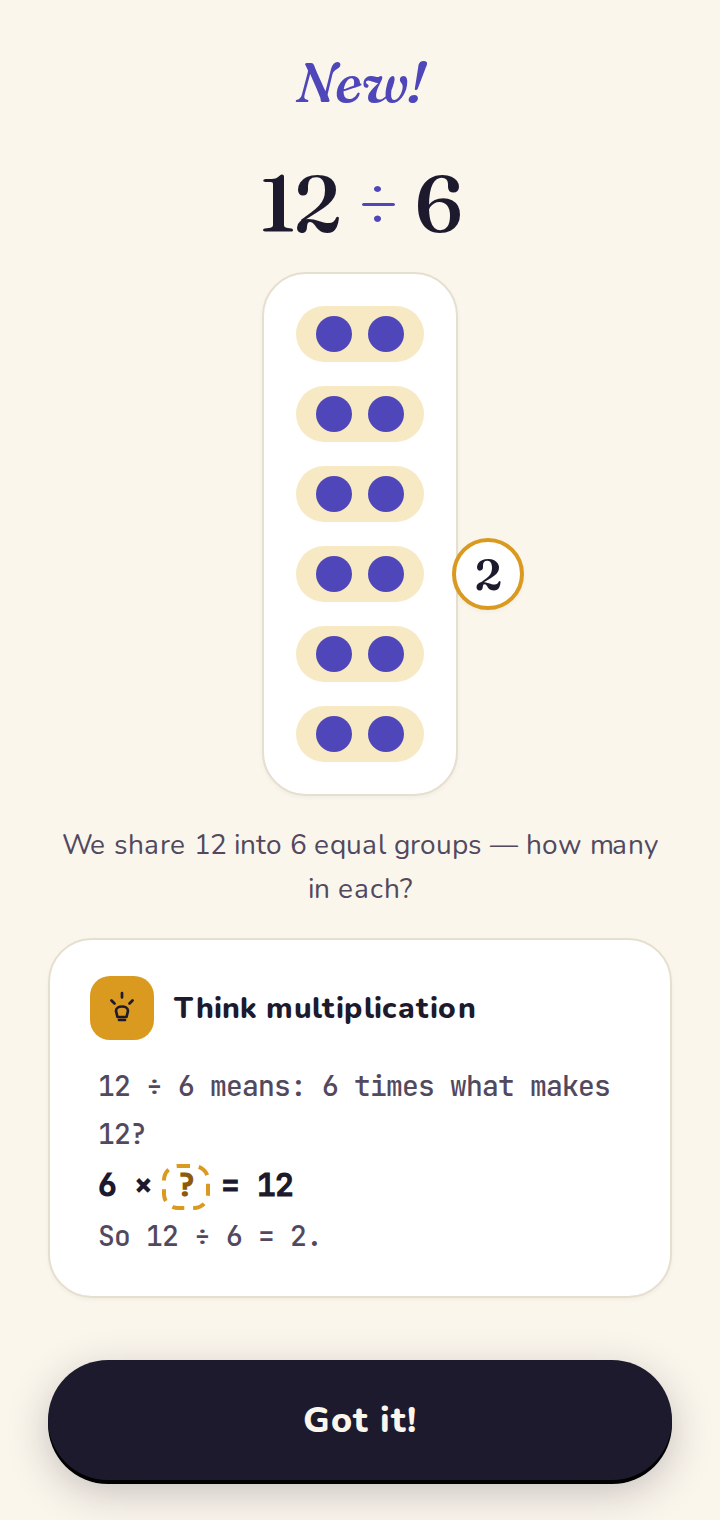 Introducing a division: “think of the multiplication”.