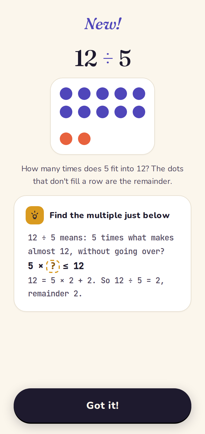 Introducing a division with remainder: the full rows, and the dots that "don't fit" — the remainder.