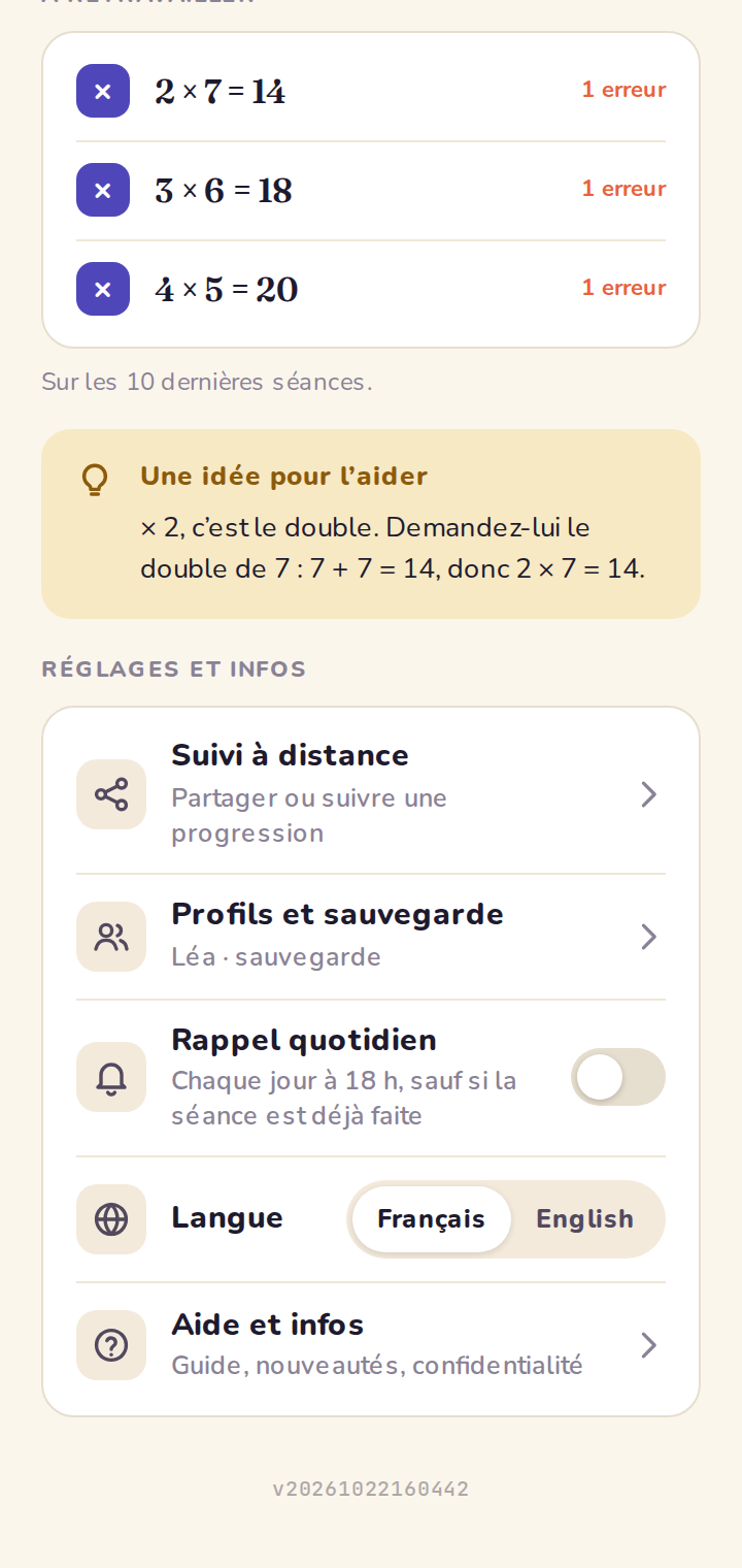 Les réglages, en bas de l'accueil : une ligne par réglage.