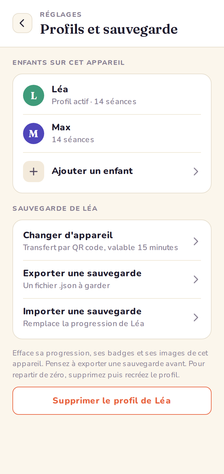 La page « Profils et sauvegarde » de l'espace parent : les enfants de l'appareil, puis la sauvegarde du profil actif.