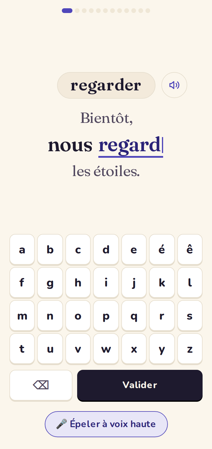 Le verbe à conjuguer, puis la phrase à compléter : la réponse s'écrit directement dans la phrase, au clavier de lettres.