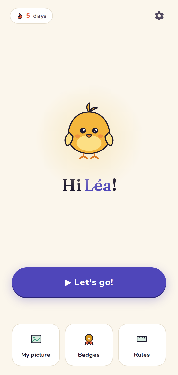 Home screen with the mascot and the 5-day streak.