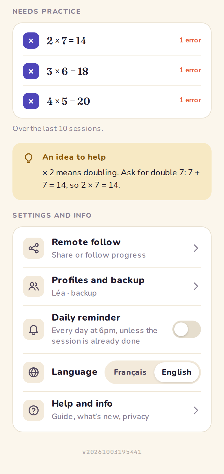 The settings, at the bottom of the overview: one row per setting.