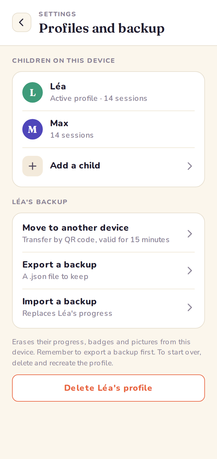The “Profiles and backup” page of the parent area: the children on this device, then the active profile's backup.