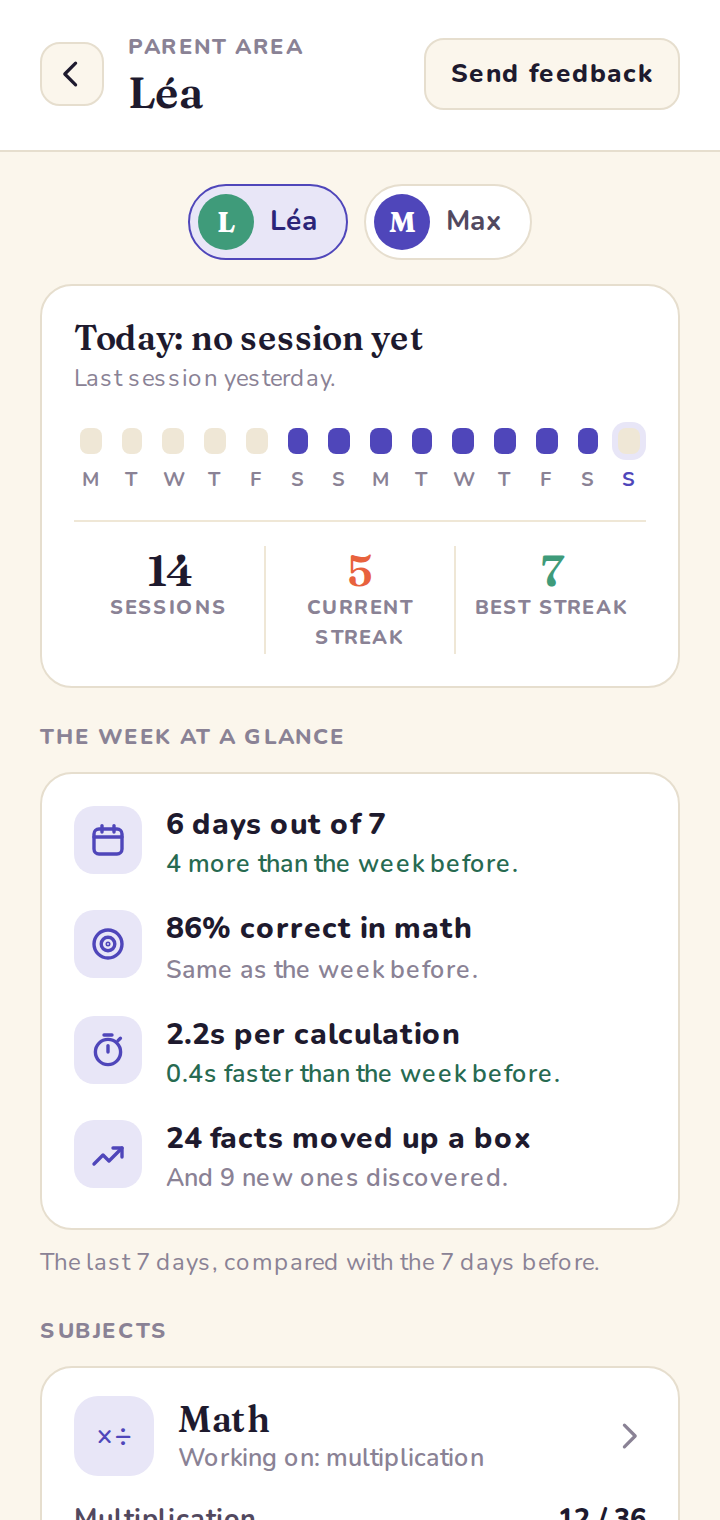 In the parent area, one chip per child: see each one's progress without switching player.