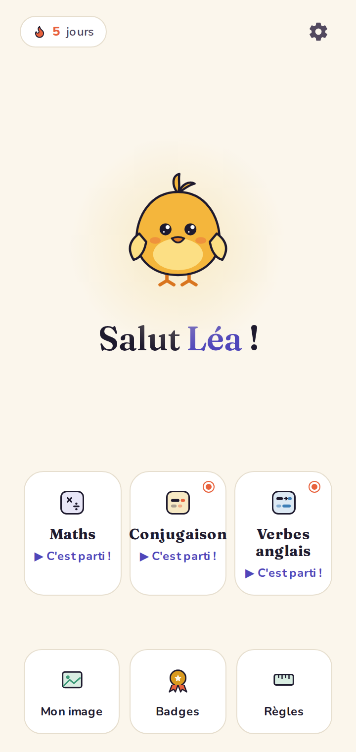Accueil avec la mascotte et la série de 5 jours.