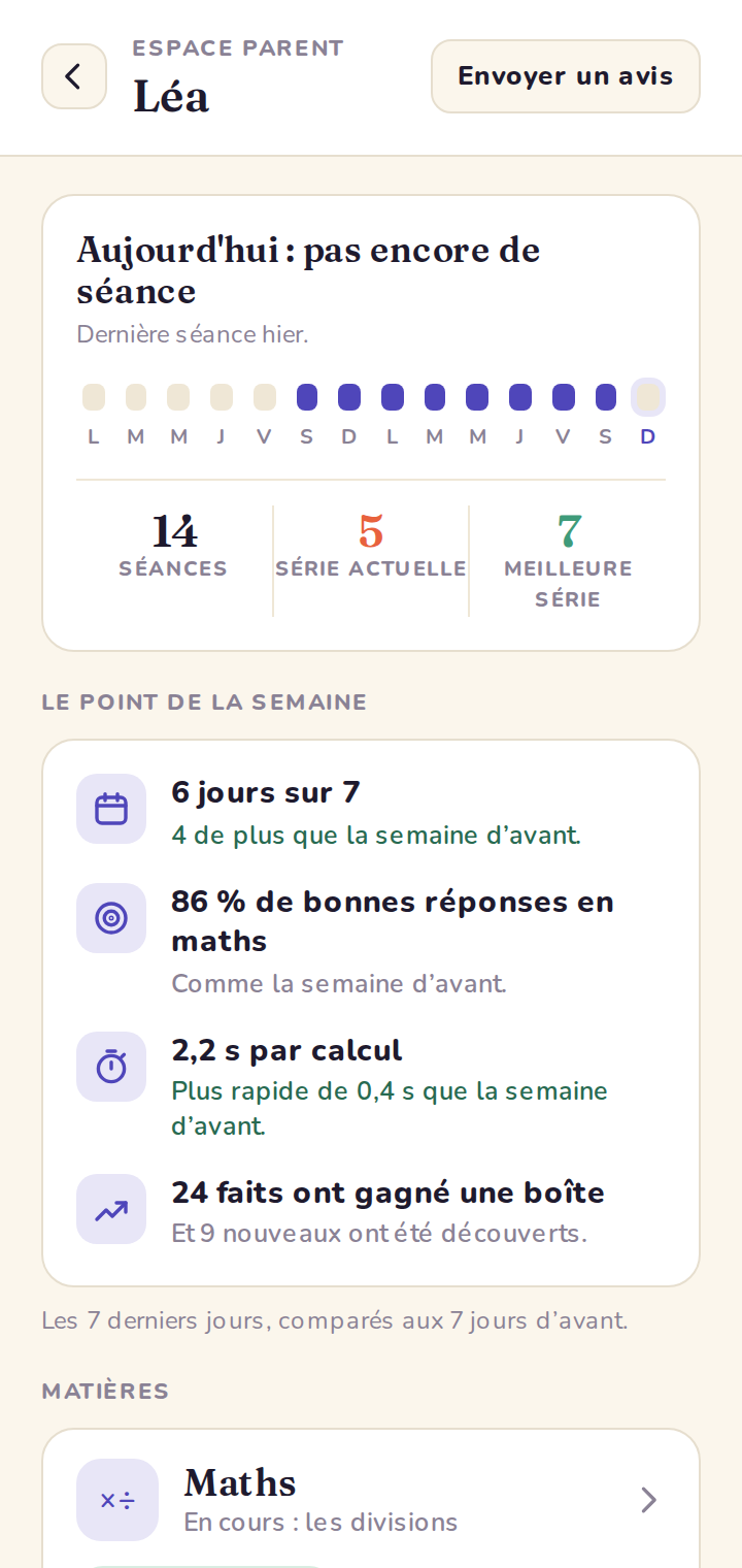 Dans l'espace parent, la carte Maths passe aux divisions ; les multiplications, maîtrisées, y restent cochées.