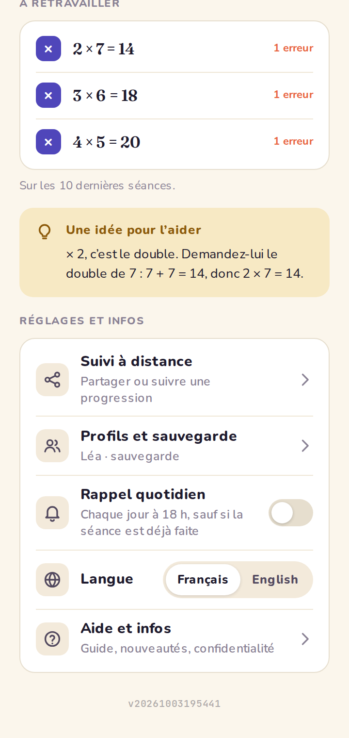 Les réglages, en bas de l'accueil : une ligne par réglage.