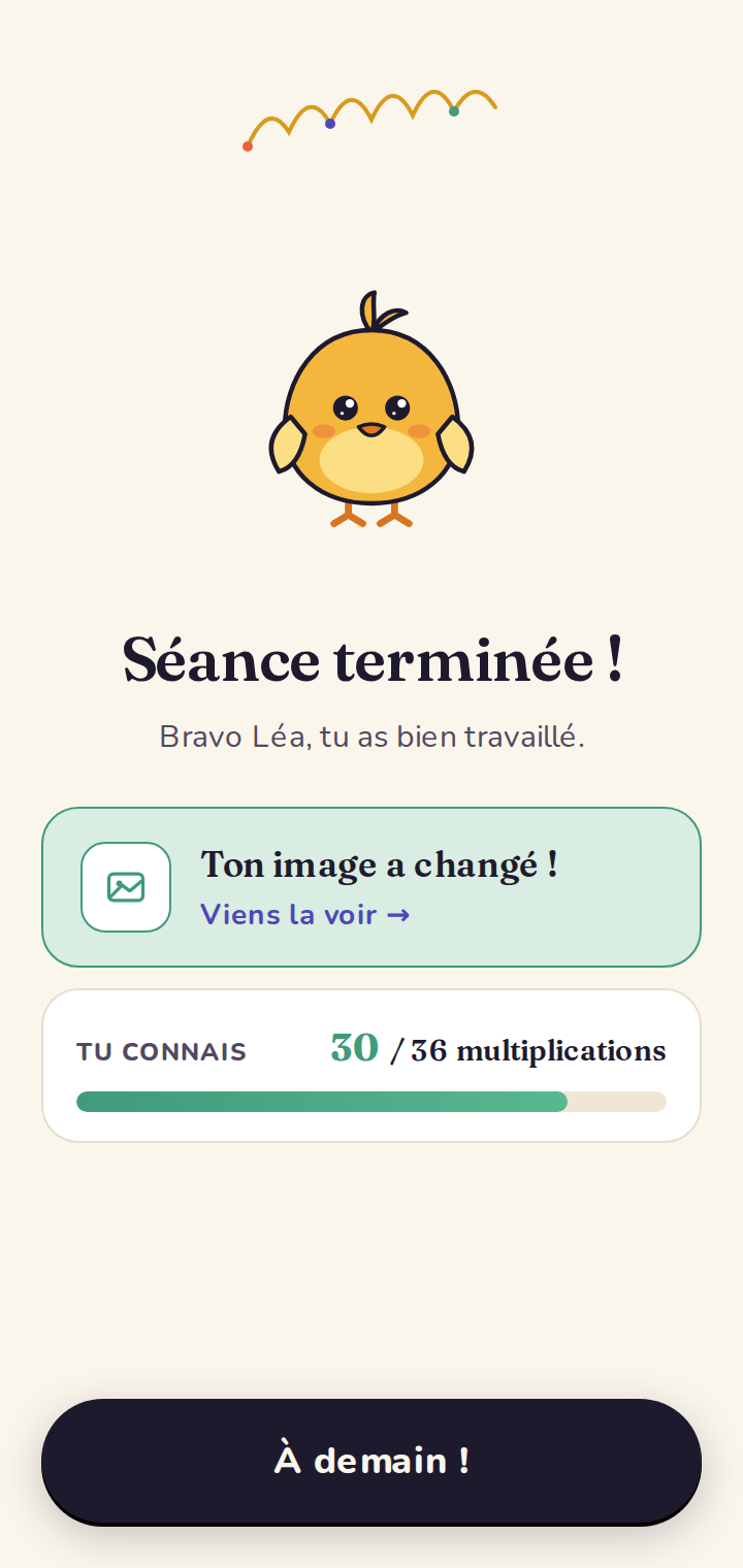 Bilan d'une séance avec barre de progression.