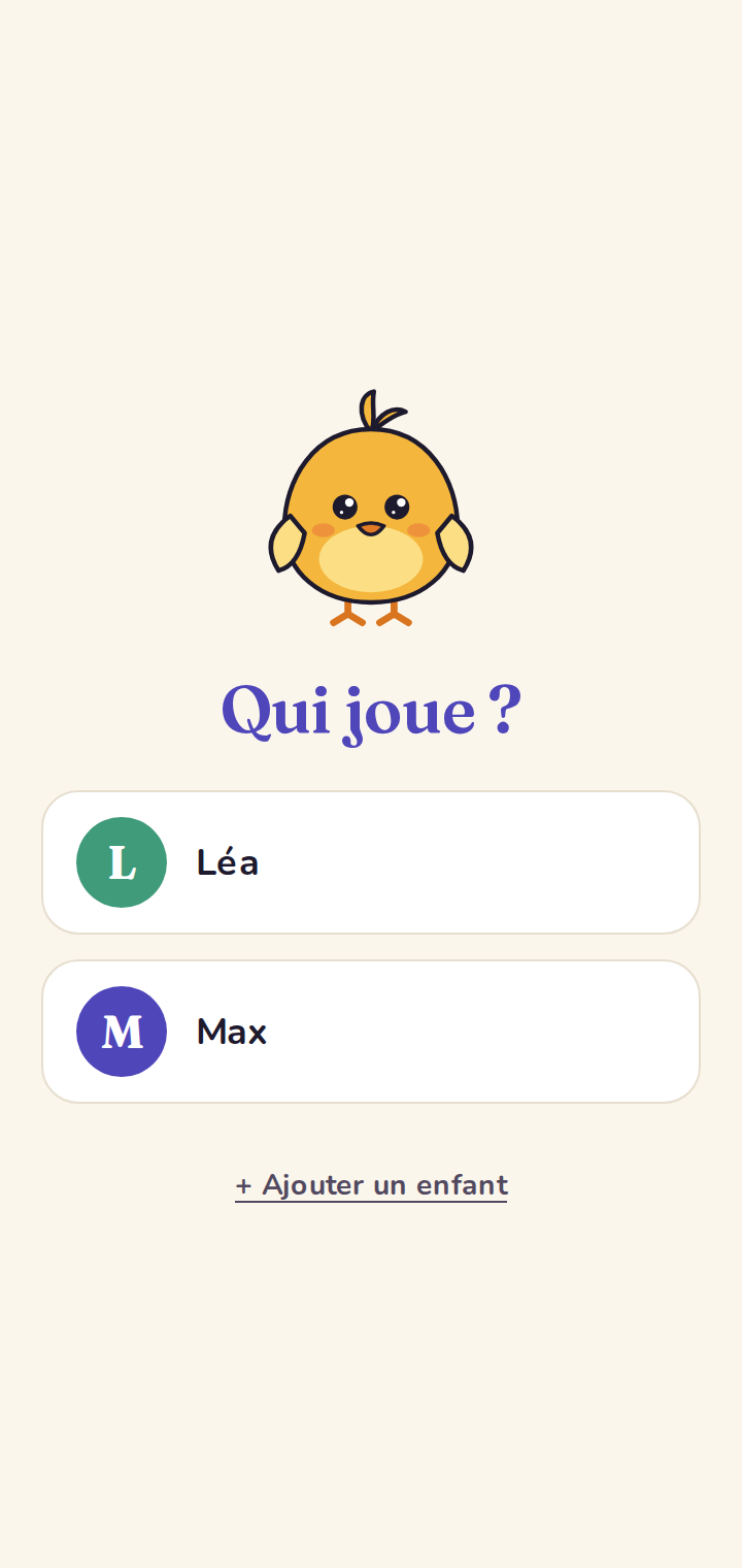 « Qui joue ? » — l'écran de choix affiché à l'ouverture dès deux profils.