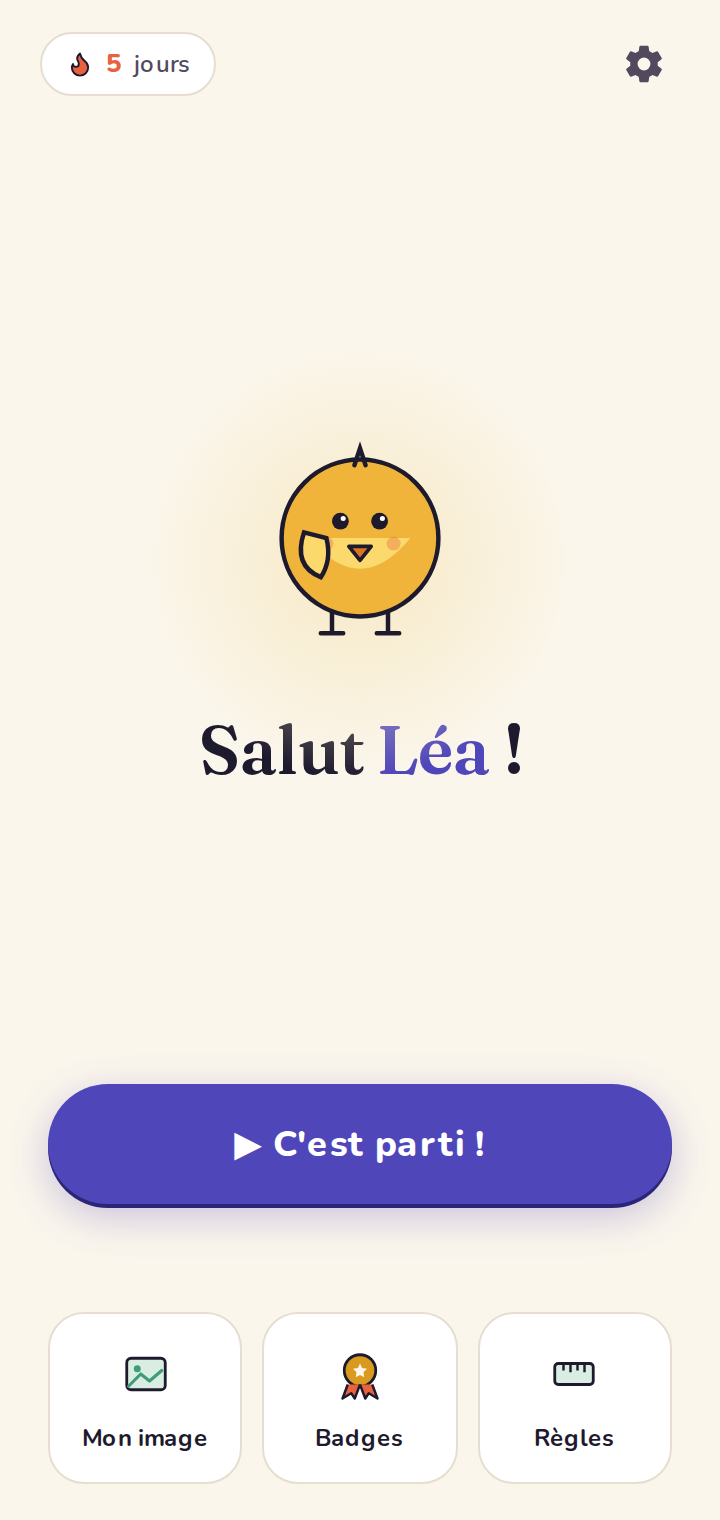 Accueil avec la mascotte et la série de 5 jours.