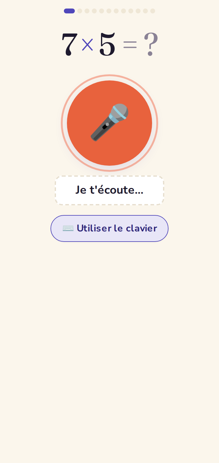 Mode micro — l'enfant énonce sa réponse à voix haute. Bascule possible à tout moment.
