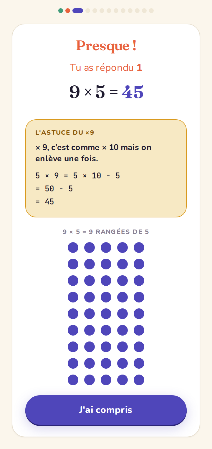 Réponse incorrecte — grille de points et rappel de l'astuce.