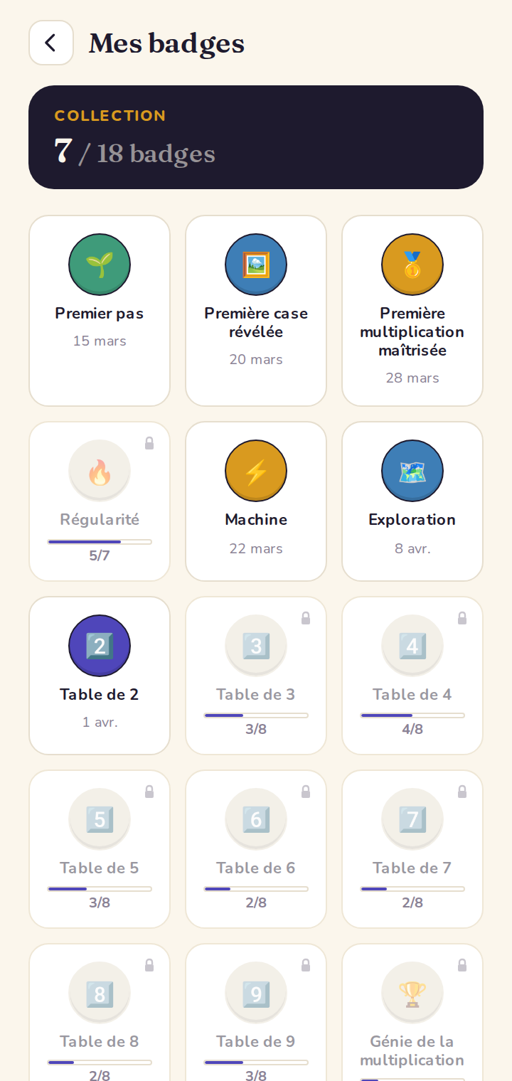 Collection de badges — obtenus et à débloquer.