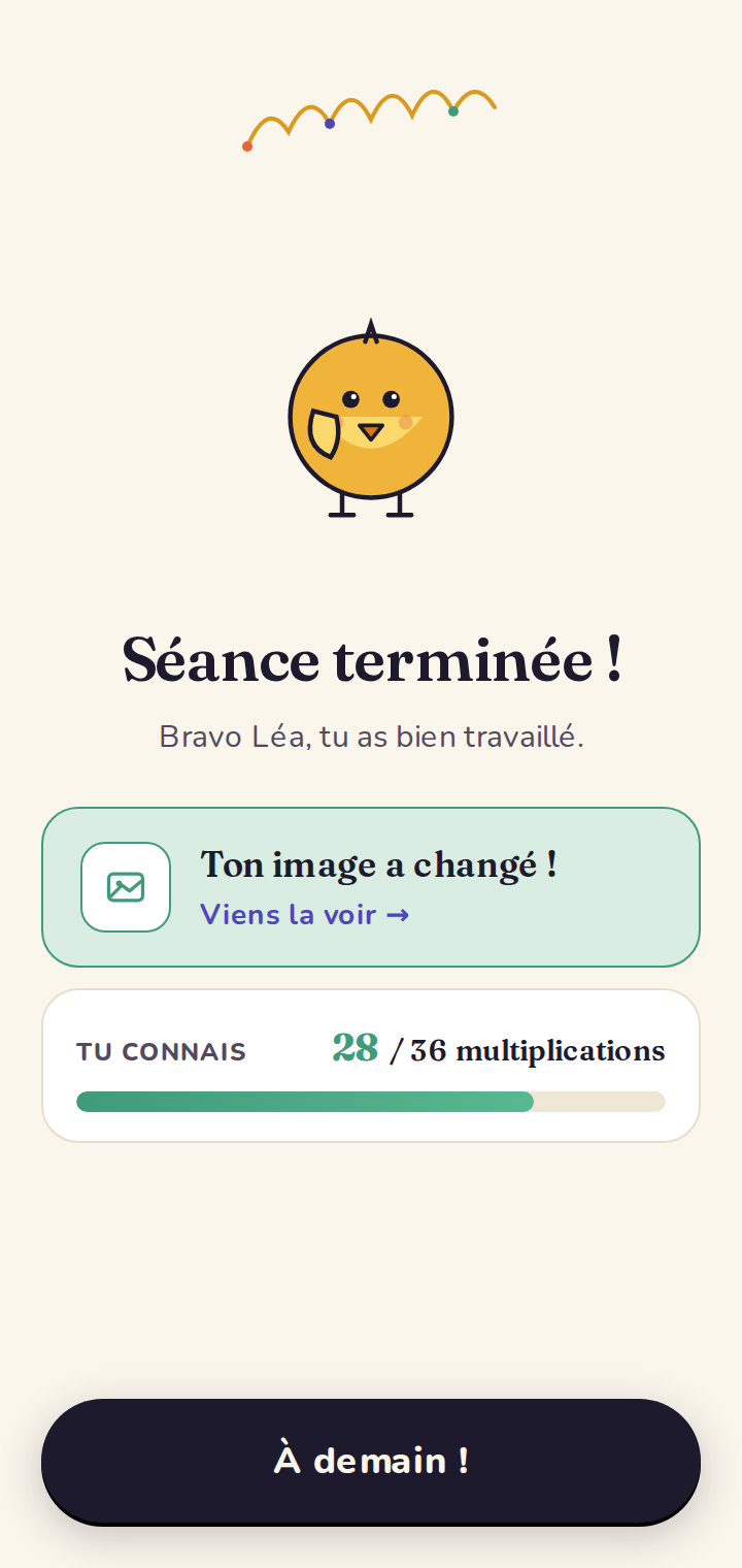 Bilan d'une séance avec barre de progression.