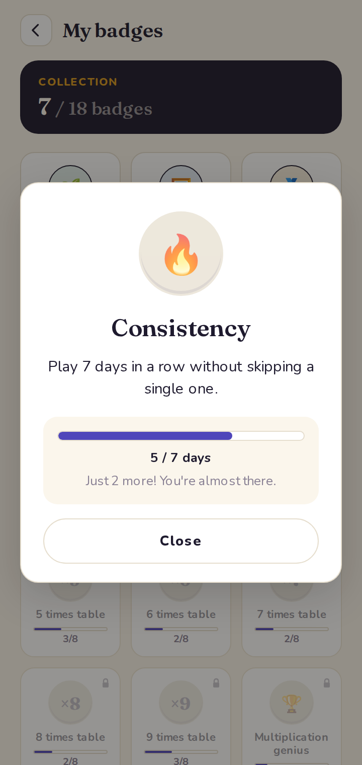 Tapping a locked badge reveals the condition and the progress.