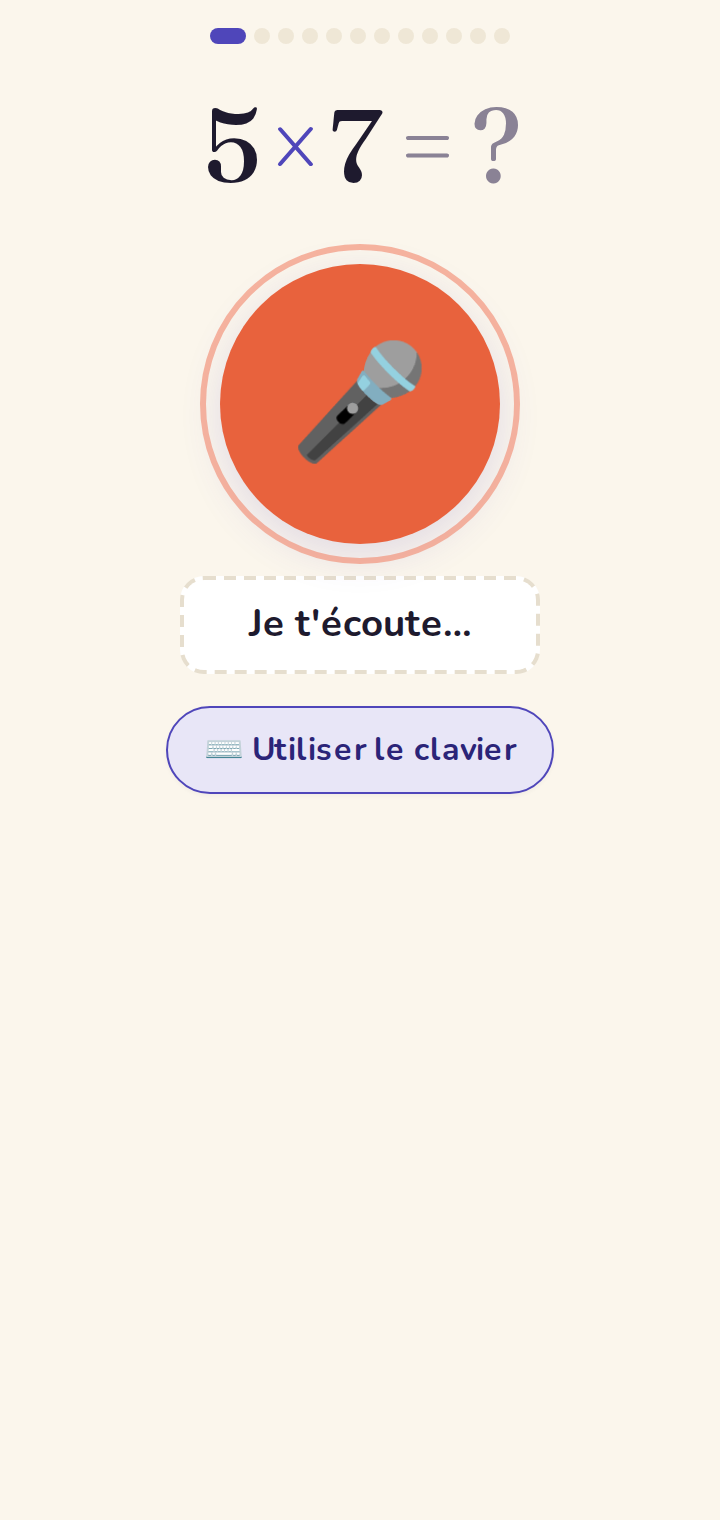 Mode micro — l'enfant énonce sa réponse à voix haute. Bascule possible à tout moment.