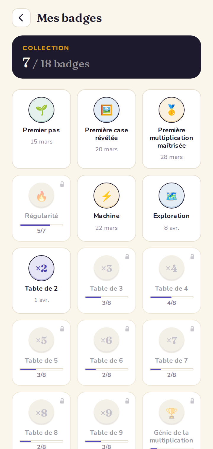 Collection de badges — obtenus et à débloquer.