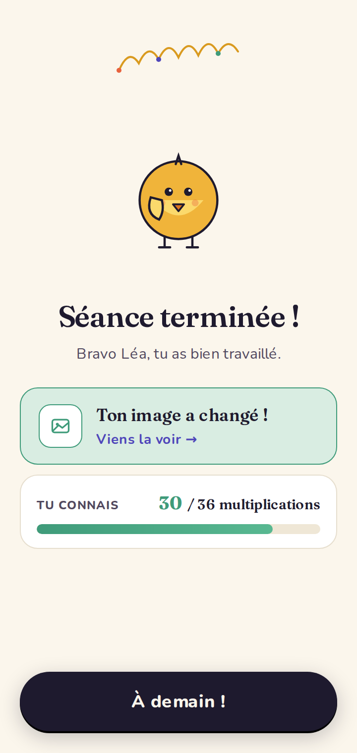 Bilan d'une séance avec barre de progression.