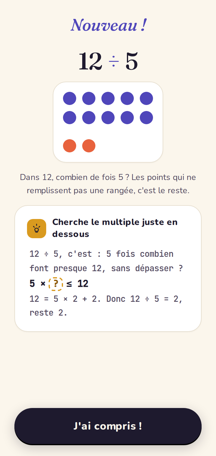 Introduction d'une division avec reste : les rangées pleines, et les points qui « ne rentrent pas » — le reste.